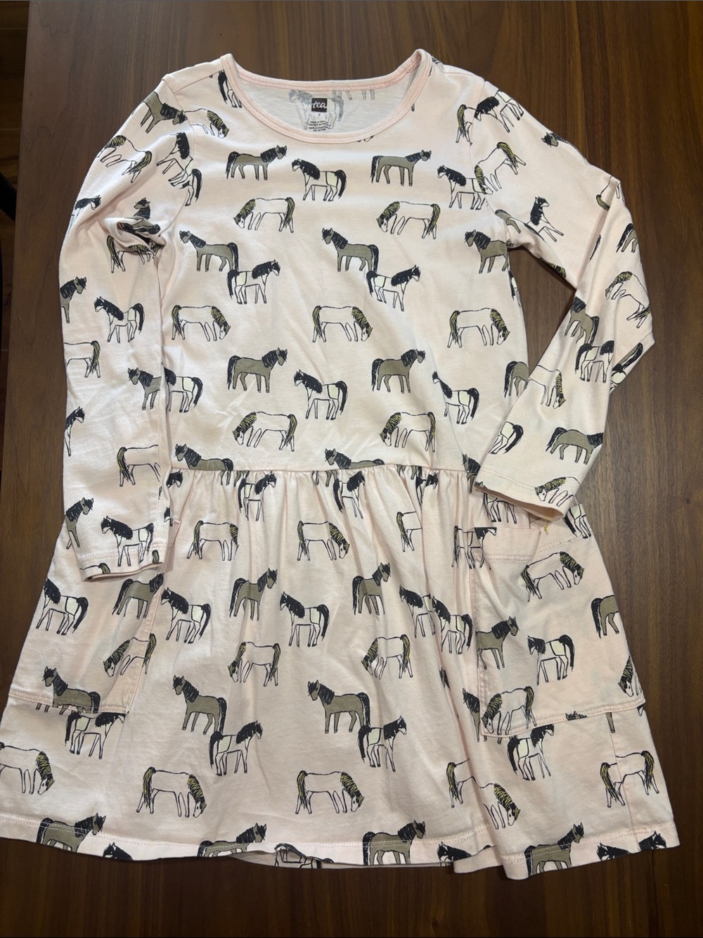 Girls' “tea” Horse Print Long Sleeve Dress - Pink